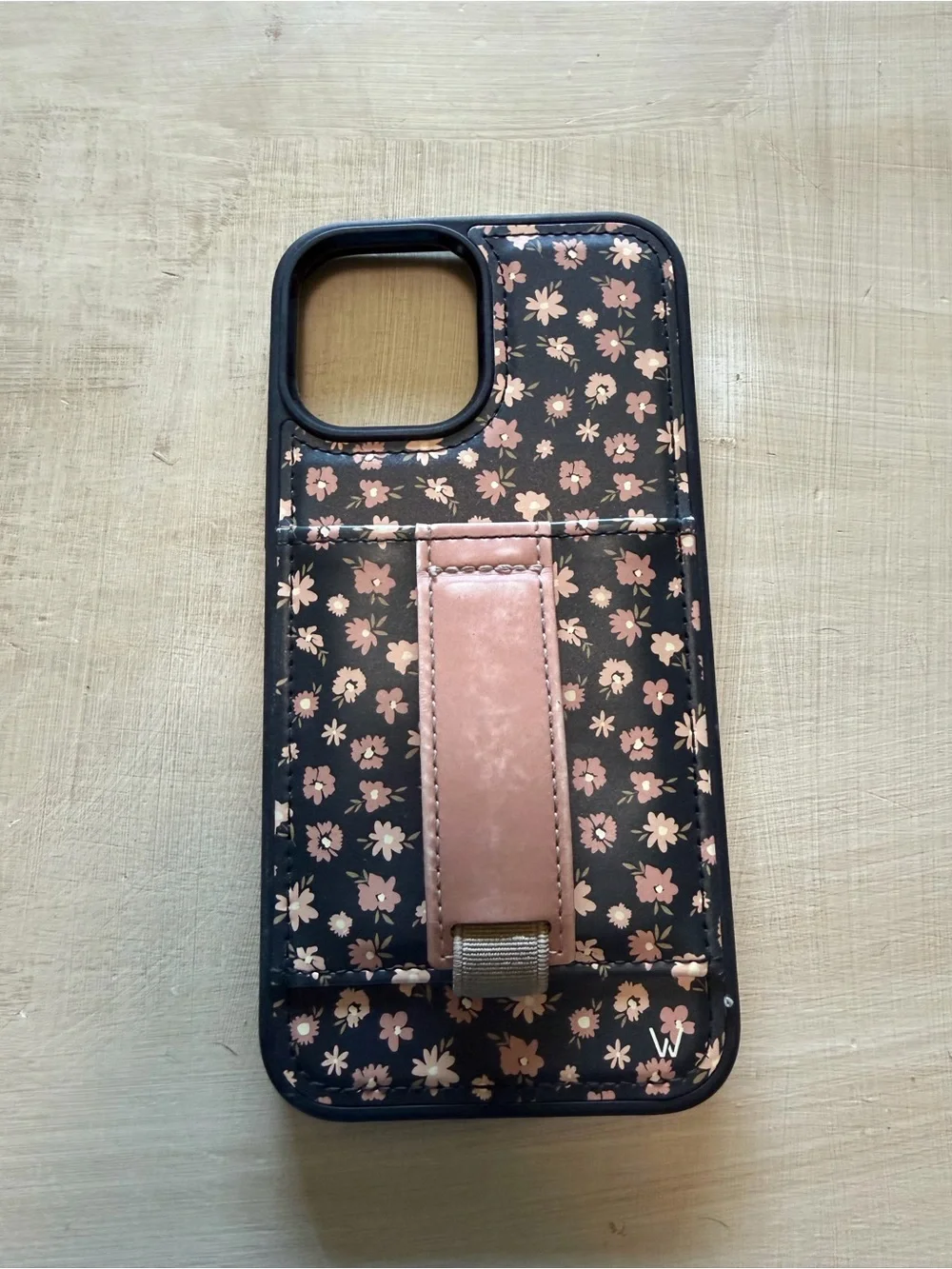 Black Floral Phone Case with Pink Strap Grip